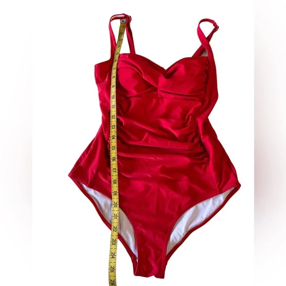 EKOUAER RED Vintage Retro One Piece Monikini Swimsuit ruched middle NWT - Picture 3 of 10